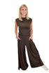 Front view of woman wearing Swagger Boutique’s Brown Pleated Wide Leg Pants with Brown Rouched Side Tank against white studio background.