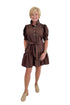 Front view of woman wearing Swagger Boutique’s Brown Ruffle Mini Dress by Entro against white studio background.