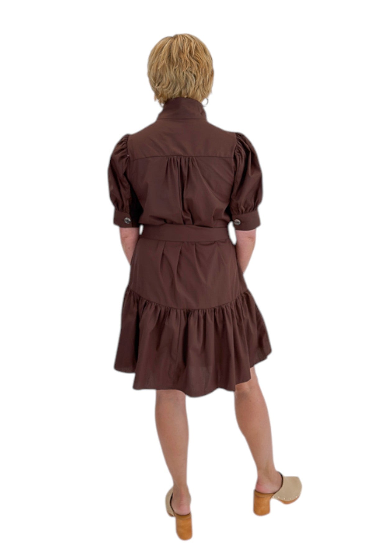Back view of woman wearing Swagger Boutique’s Brown Ruffle Mini Dress by Entro against white studio background.