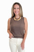 Front view of woman wearing Swagger Boutique’s Brown Sweater Tank with jeans against white studio background.
