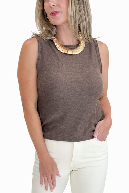 Front detail view of woman wearing Swagger Boutique’s Brown Sweater Tank with jeans against white studio background.