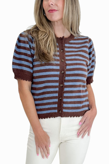 Front detail view of woman wearing Swagger Boutique’s Brown &amp; Blue Stripe Short Sleeve Cardigan by Entro with jeans against white studio background.