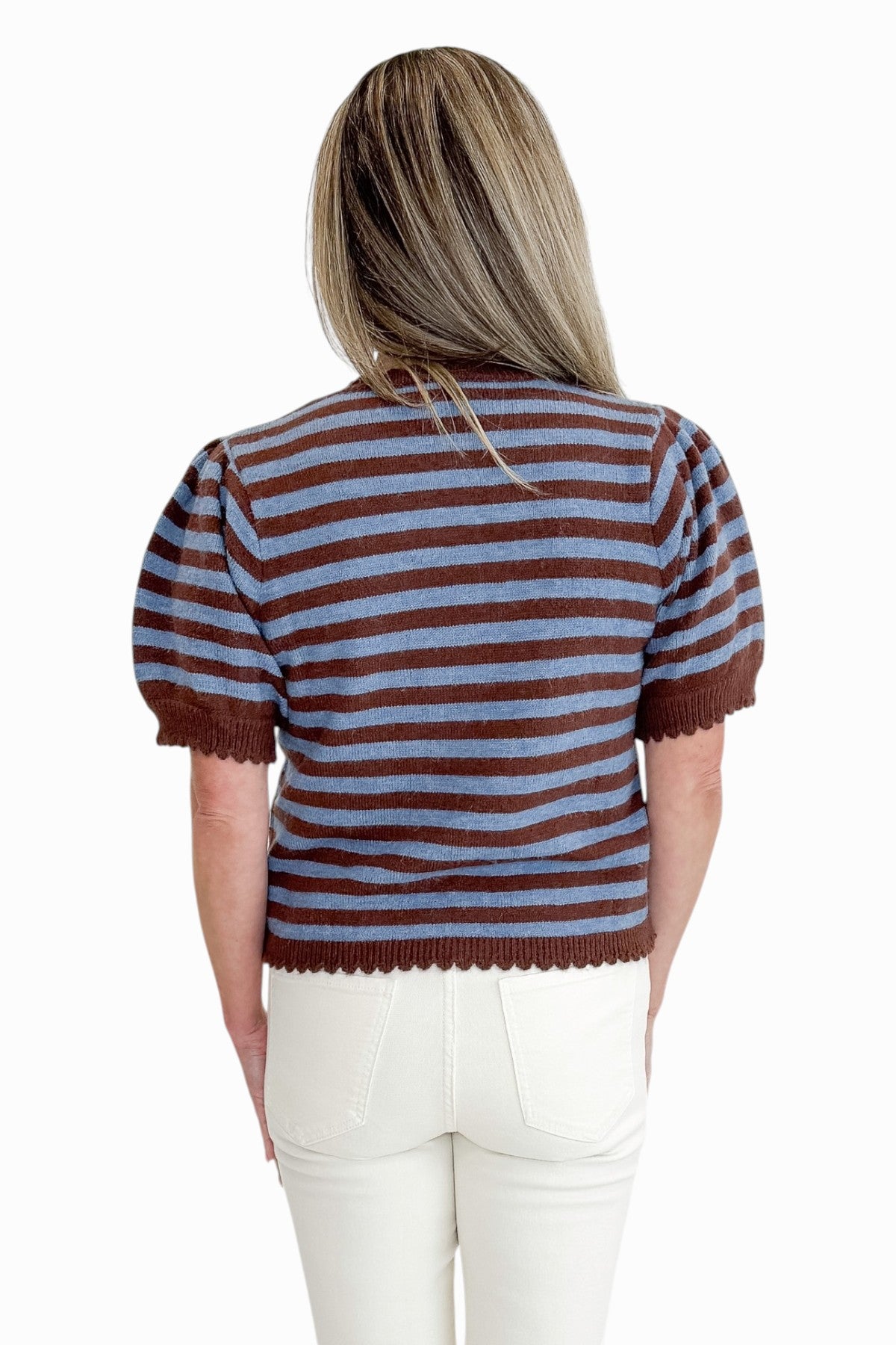 Back view of woman wearing Swagger Boutique’s Brown &amp; Blue Stripe Short Sleeve Cardigan by Entro with jeans against white studio background.
