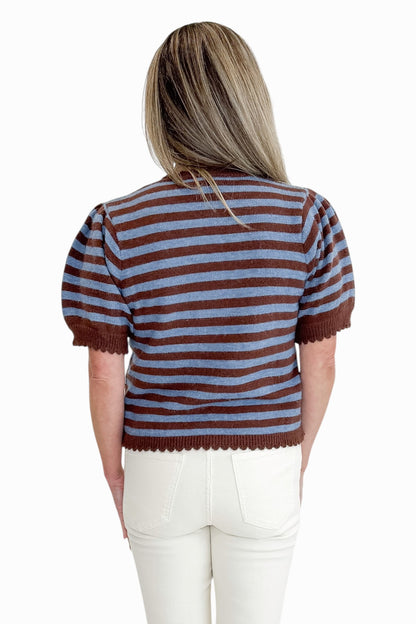 Back view of woman wearing Swagger Boutique’s Brown &amp; Blue Stripe Short Sleeve Cardigan by Entro with jeans against white studio background.