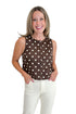 Front view of woman wearing Swagger Boutique’s Brown & Cream Polka Dot Button Up Tank by Entro with jeans against white studio background.