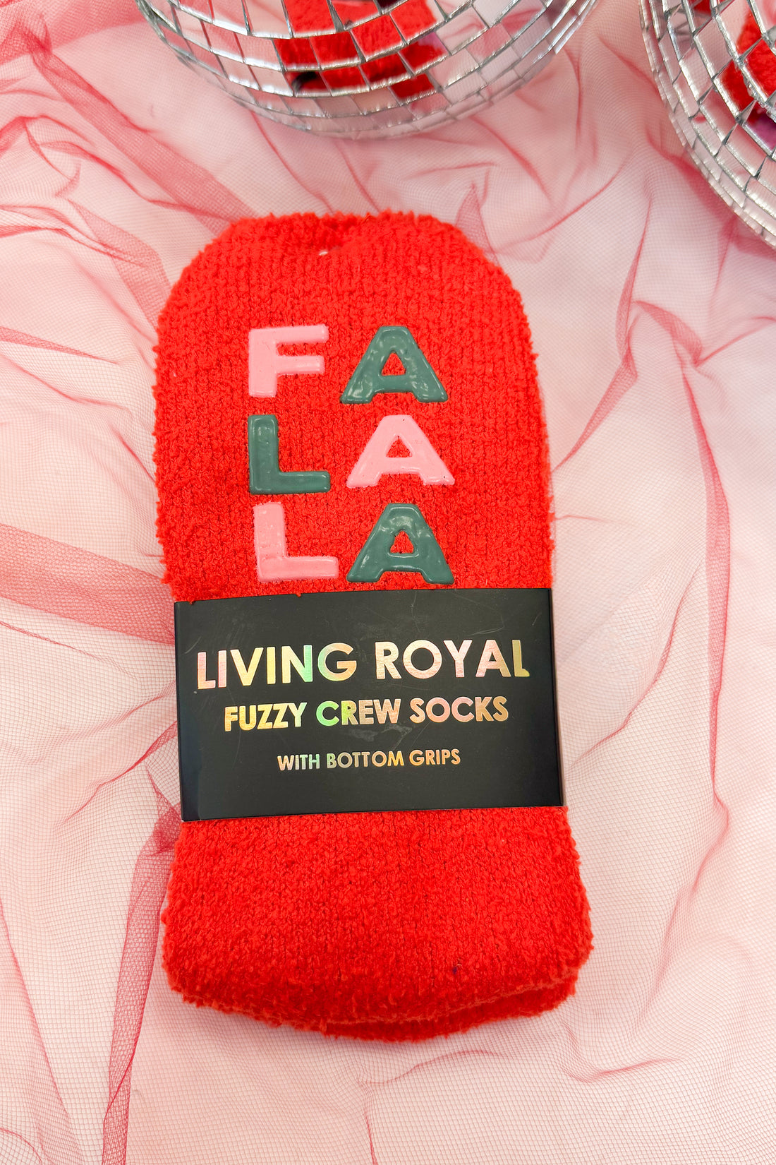 Red fuzzy crew sock with &