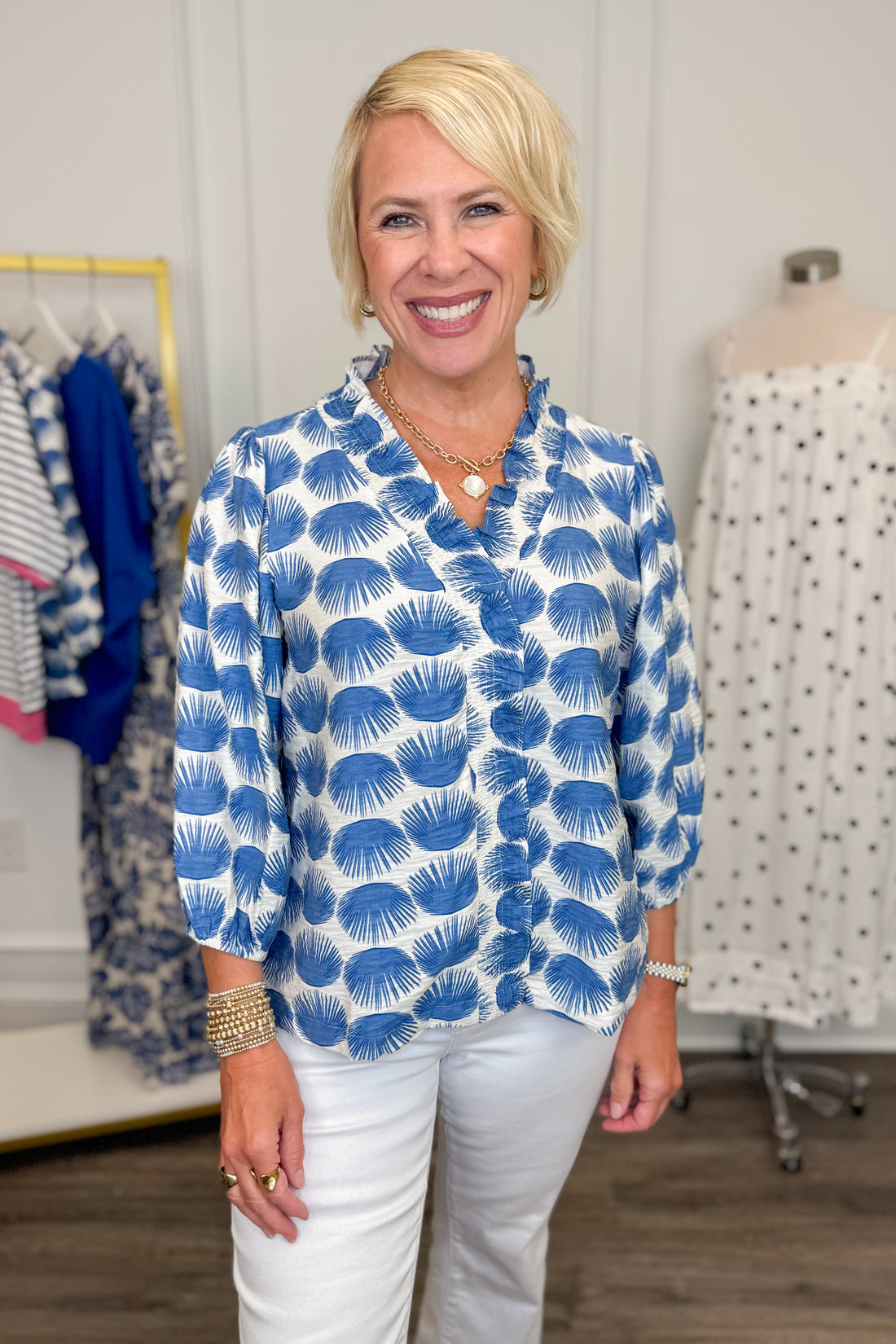 Lost At Sea Blue Printed 3/4 Sleeve Top