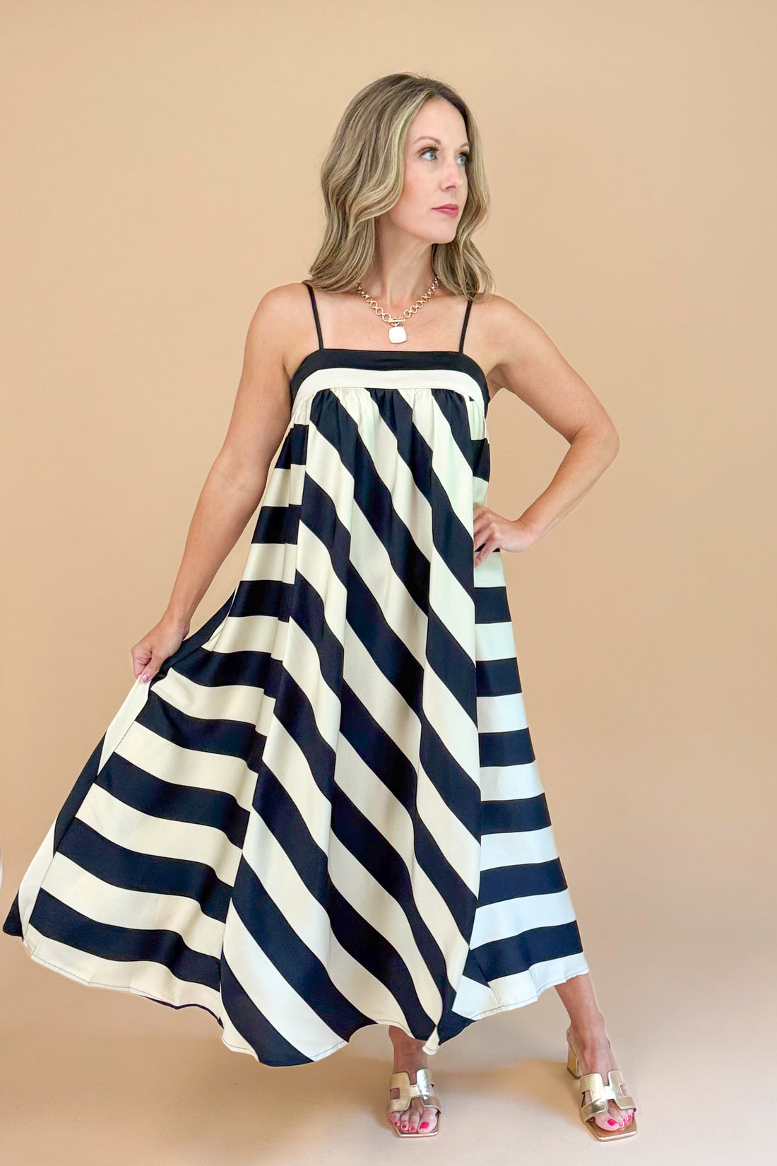 Late Night Talks Cream &amp; Black Bold Striped Midi Dress