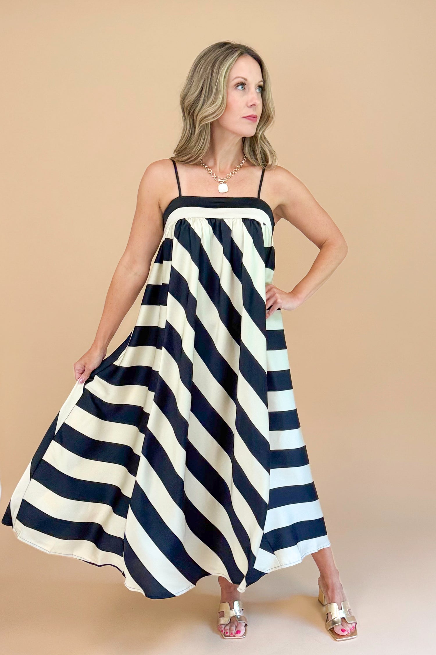 Late Night Talks Cream &amp; Black Bold Striped Midi Dress