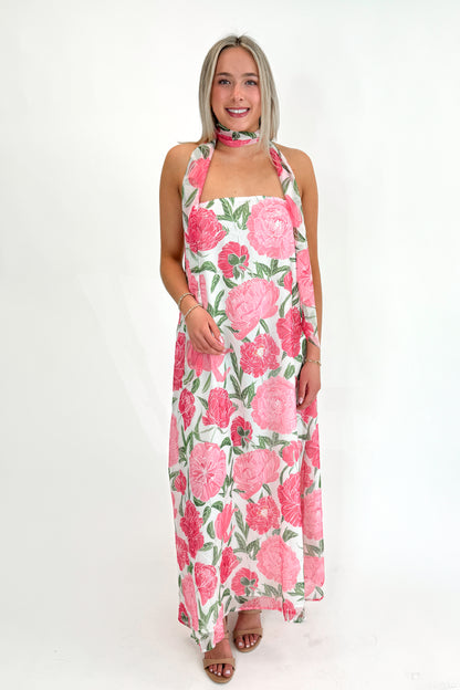 Front view of woman wearing Pink Floral Maxi Dress With Convertible Scarf against white studio background.