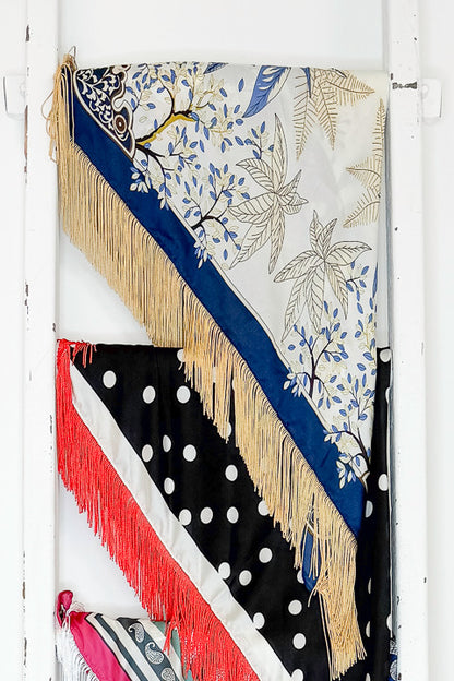 Fringe Detail Blue Floral with Navy Border Square Scarf