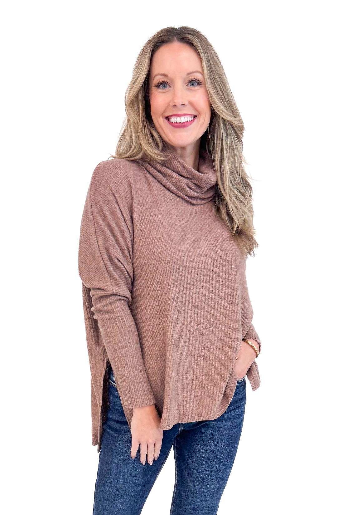 Woman wearing Sweet As Pie Brown Cowlneck Brushed Top - front view showing elegant cowlneck design and soft brown color.