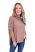 Woman wearing Sweet As Pie Brown Cowlneck Brushed Top - front view showing elegant cowlneck design and soft brown color.