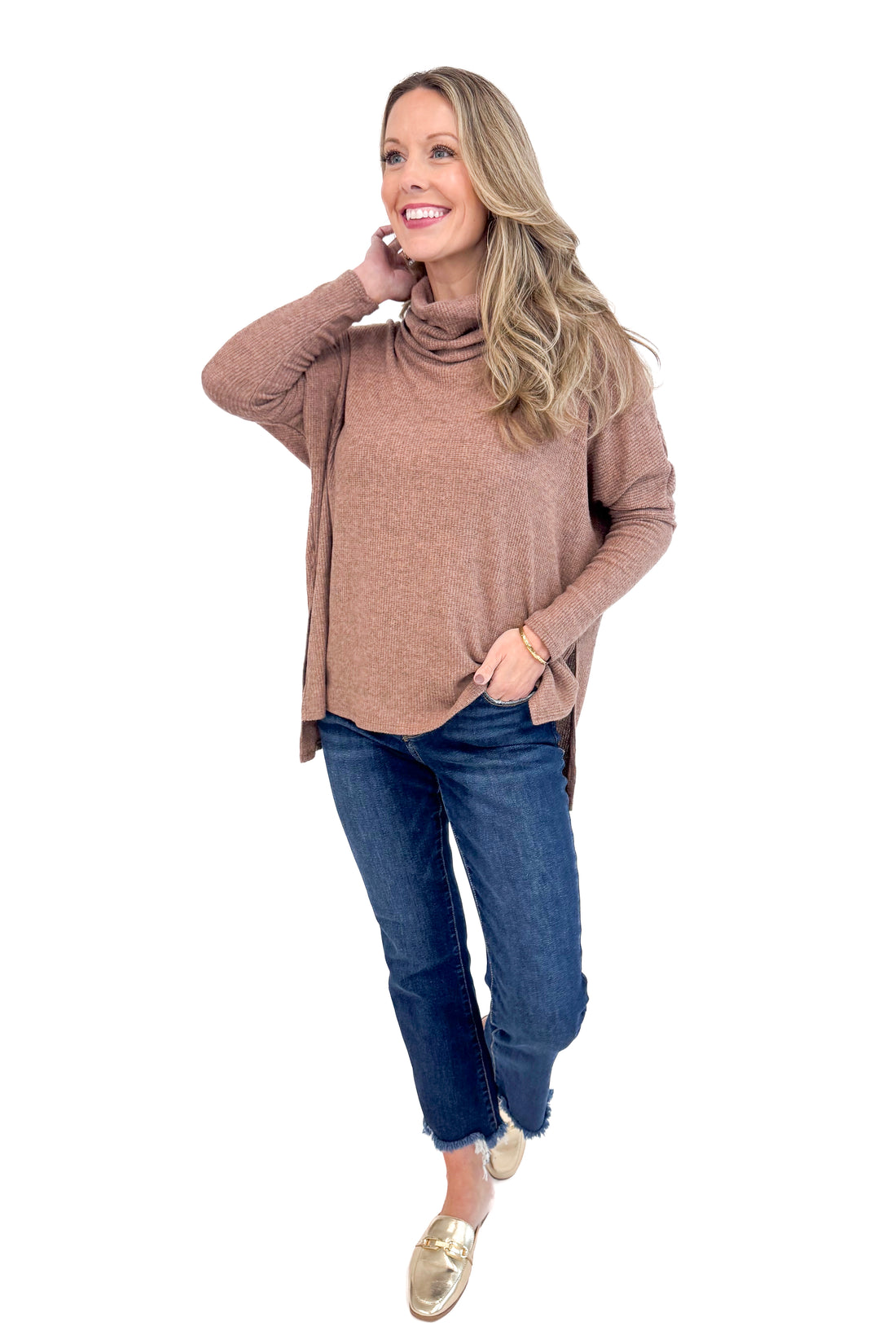 Woman wearing Sweet As Pie Brown Cowlneck Brushed Top - front view showing elegant cowlneck design and soft brown color.