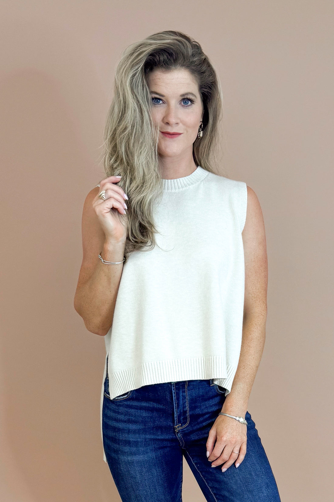 Faded Sunlight Oatmeal Hi-Low Sleeveless Sweater