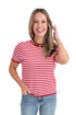 Front view of woman wearing Red & White Striped Short Sleeve Sweater with jeans against white studio background.