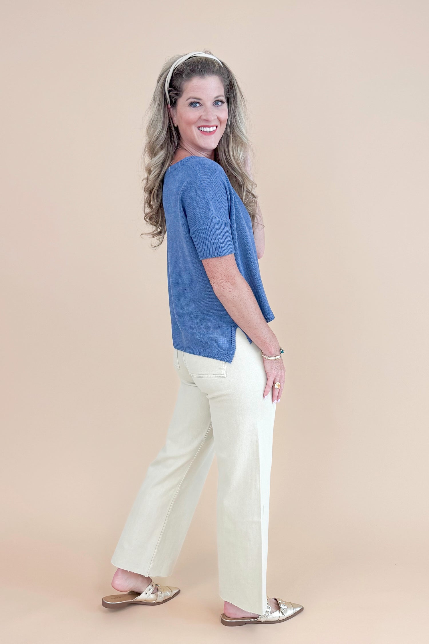 Cup Half Full Blue Boatneck Short Sleeve Sweater