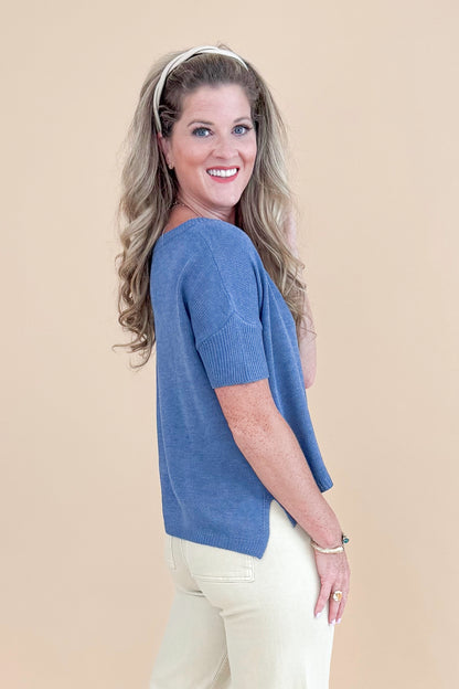 Cup Half Full Blue Boatneck Short Sleeve Sweater