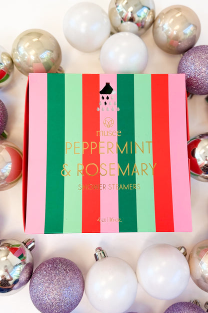 Christmas Shower Steamers against holiday background Peppermint &amp; Rosemary