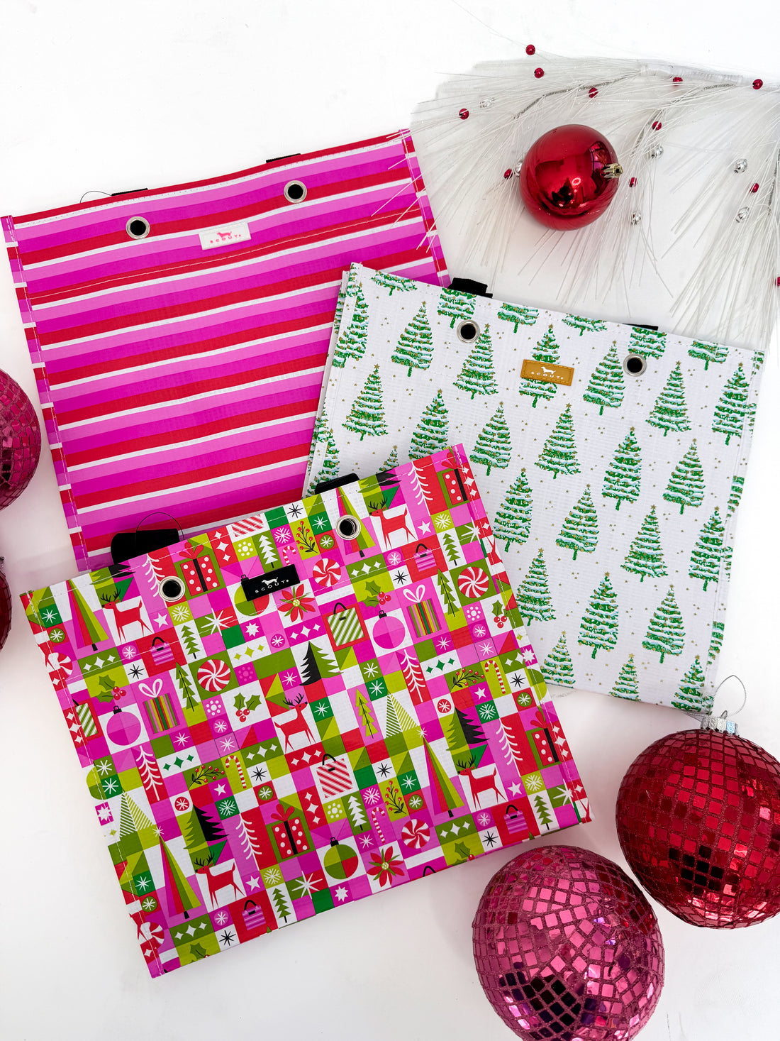 group shot of all Christmas 2026 Scout Large Gift Bags