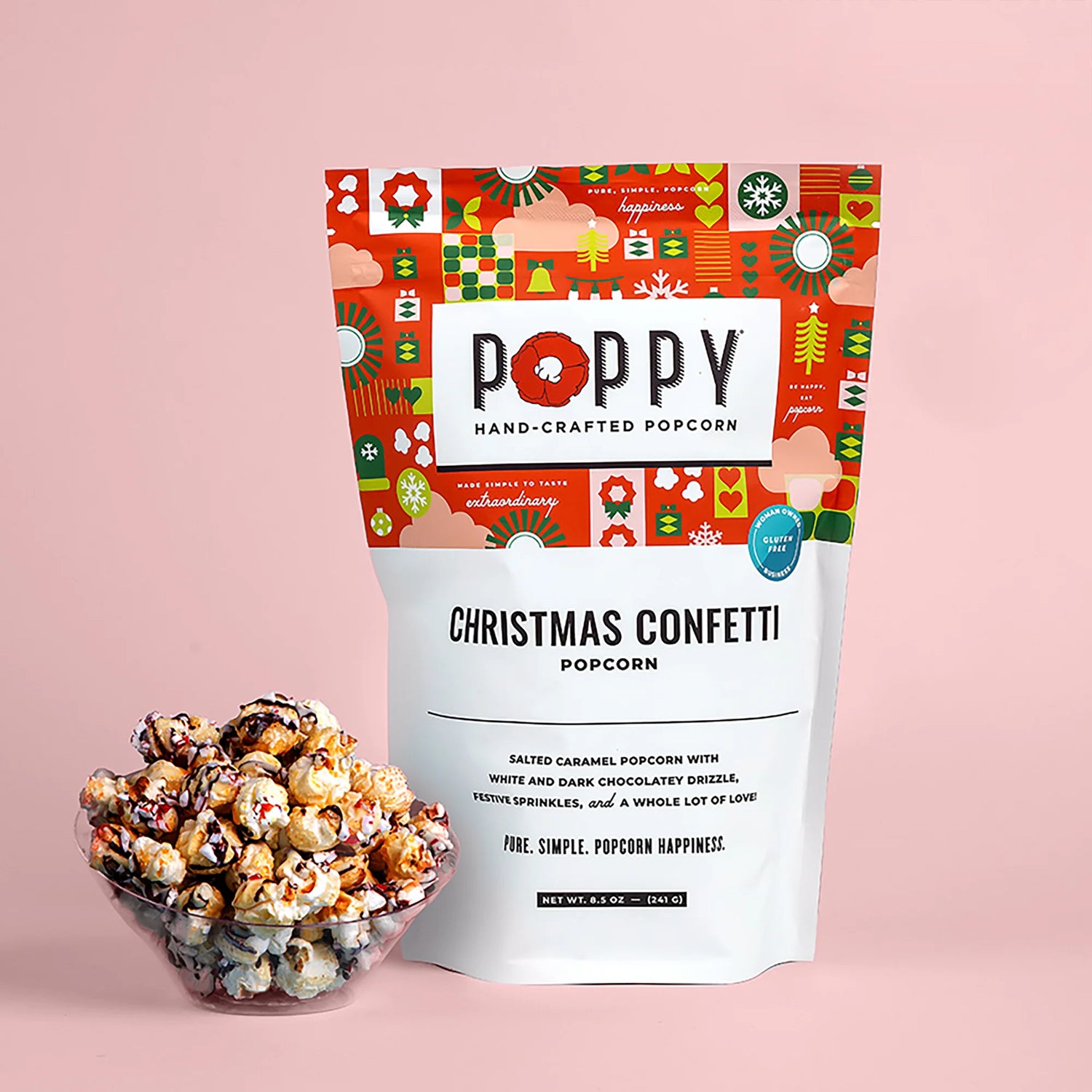 Poppy Popcorn Christmas Confetti bag and popcorn shown. 
