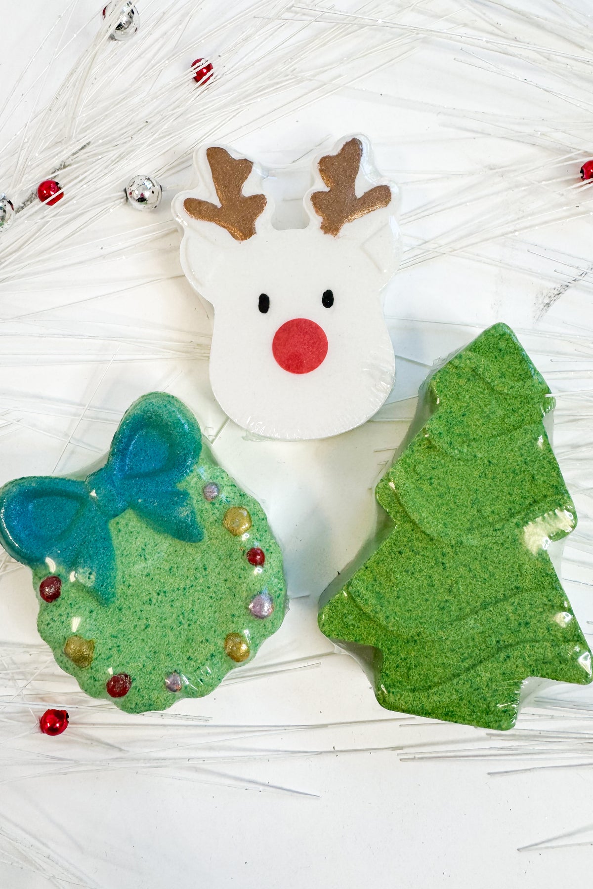 closeup of all 3 variants of christmas fizzers