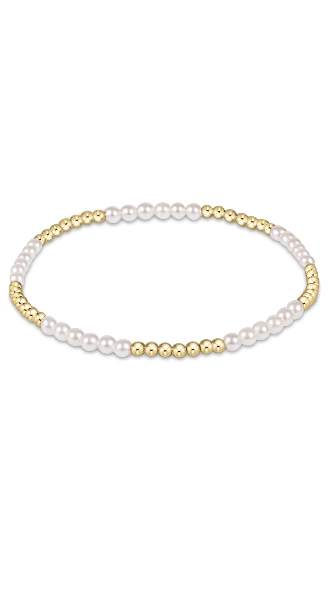 A delicate beaded stretch bracelet featuring alternating strands of pearls and polished yellow gold beads, displayed on a clean white background.