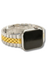 A two-tone metal watch band with a silver and gold link design, attached to a silver watch case with a black screen, shown on a plain white background.