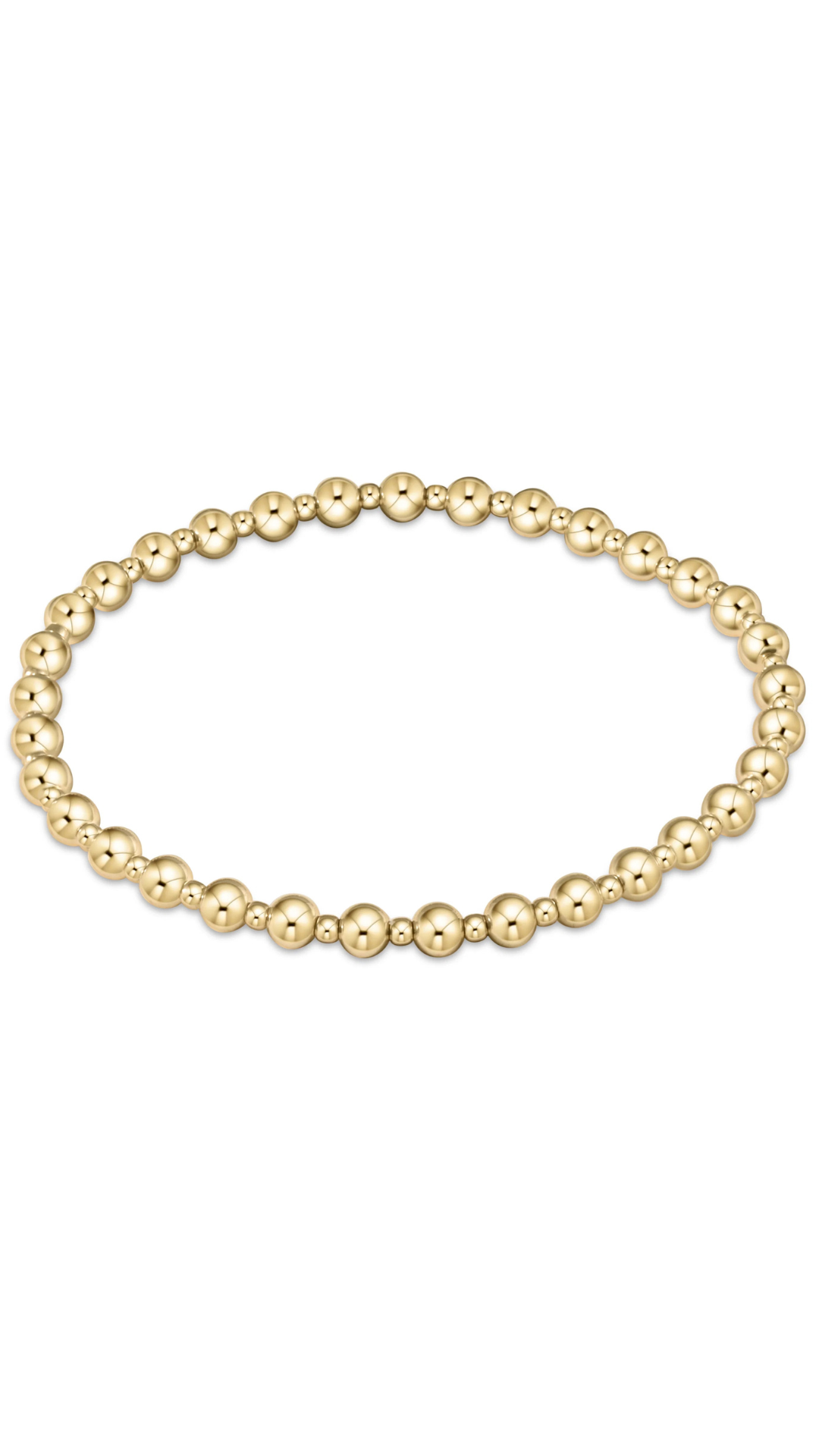 A gold beaded stretch bracelet with polished round beads, displayed in a horizontal oval shape against a plain white background.