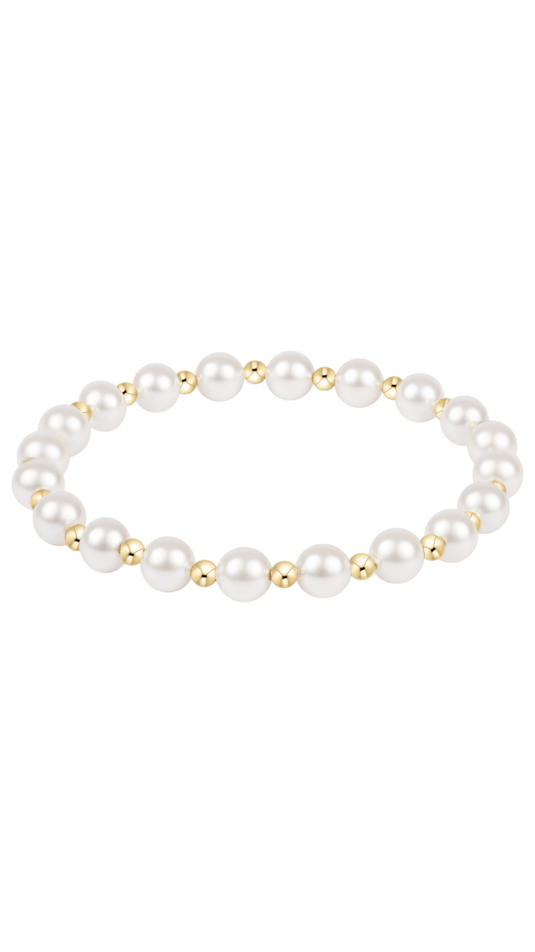 A stretch bracelet featuring pearls and small gold beads, displayed against a solid white background.