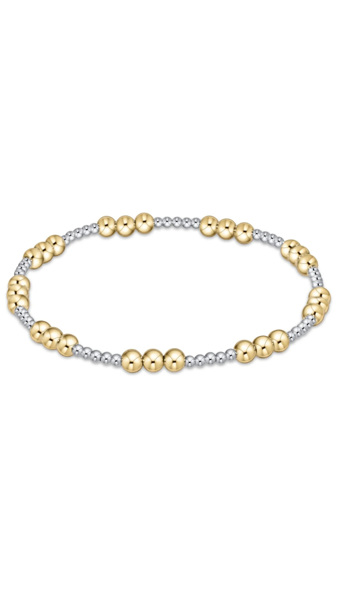 A two-tone beaded stretch bracelet featuring large polished yellow gold beads and smaller silver-toned beads, displayed on a clean white background.