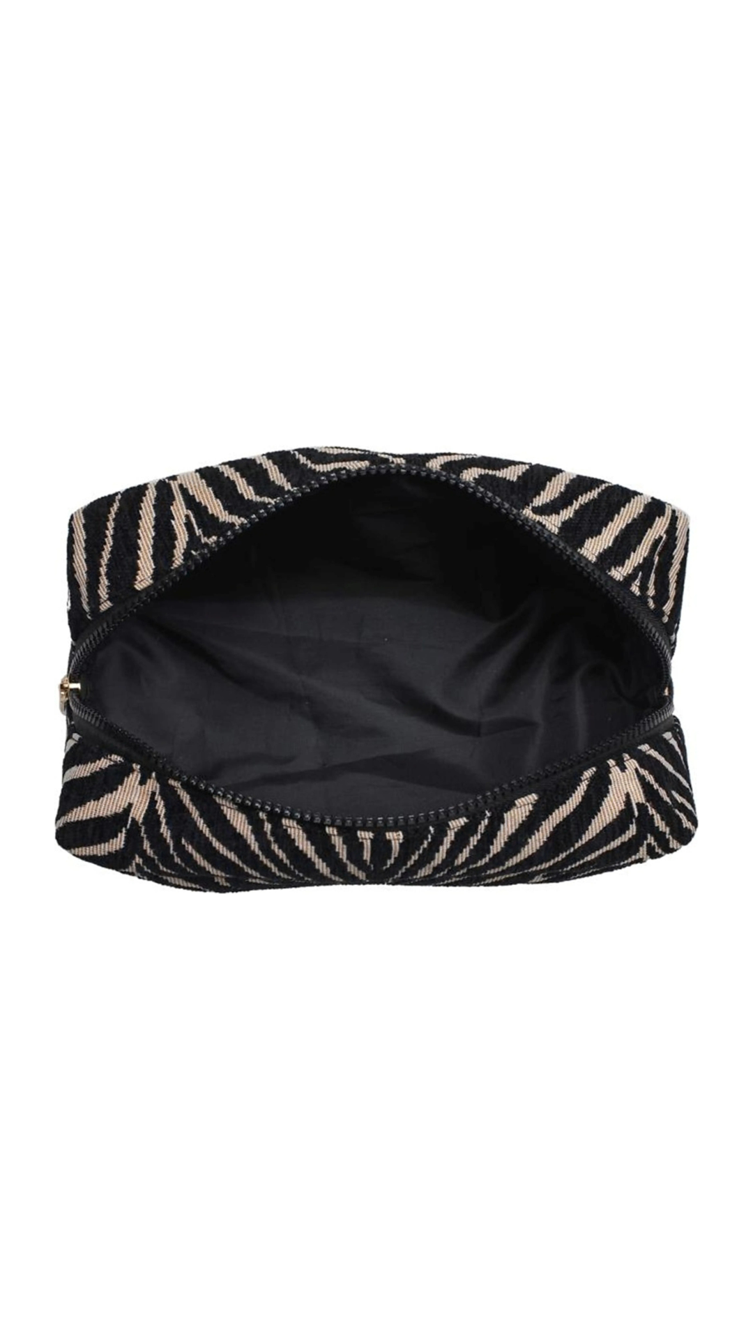 A zebra-print cosmetic pouch shown open against a plain white background, revealing a black interior lining.