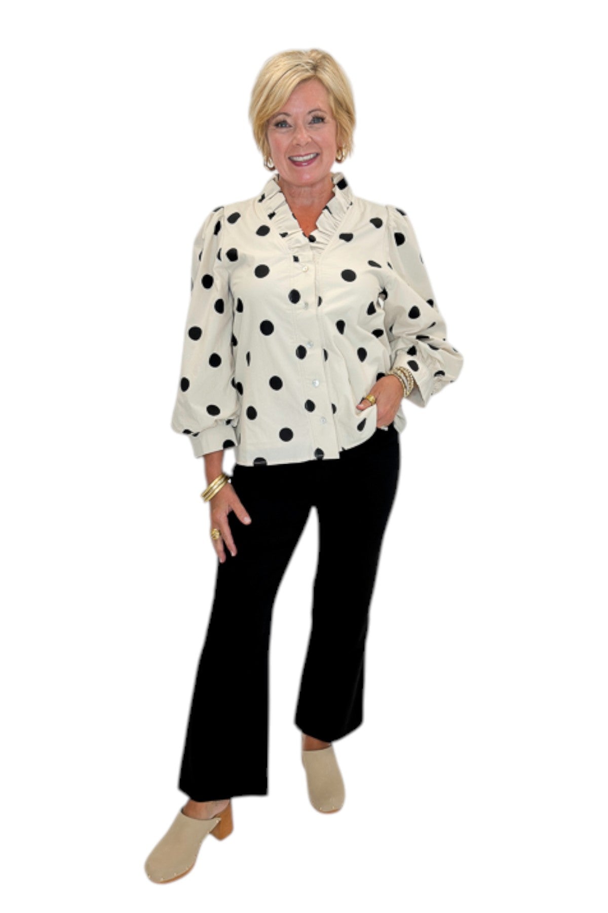 Front view of woman wearing Swagger Boutique’s Cream &amp; Black Polka Dot 3/4 Sleeve Top with Kelsey Black Denim Jeans against white studio background.