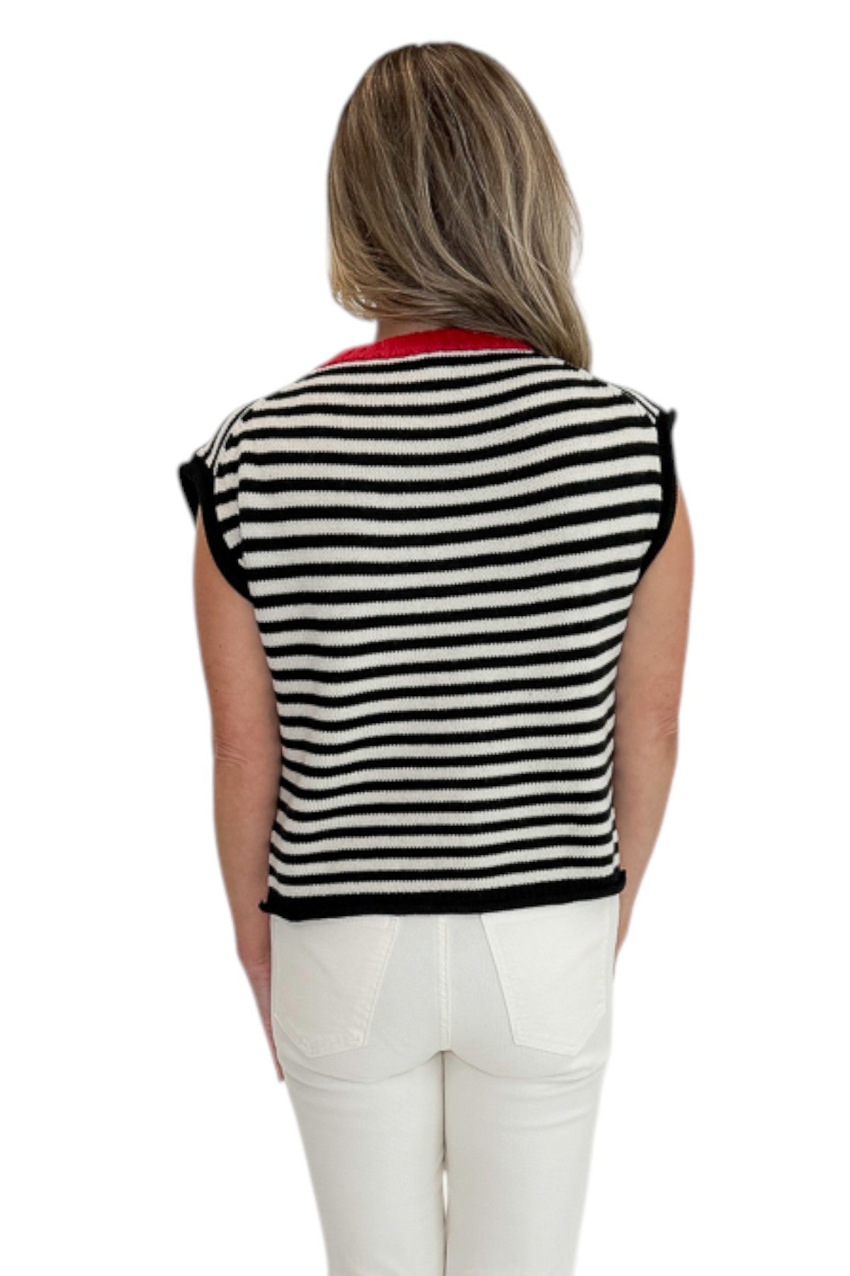 Back view of woman wearing Swagger Boutique’s Cream &amp; Black Striped Sleeveless Sweater with jeans against white studio background.