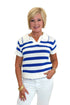 Front view of woman wearing Swagger Boutique’s Cream & Blue Striped Knit Top by Skies Are Blue with jeans against white studio background.