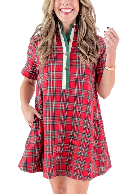 Front detailed view of woman wearing Red Gingham Dress by Entro against white studio background.