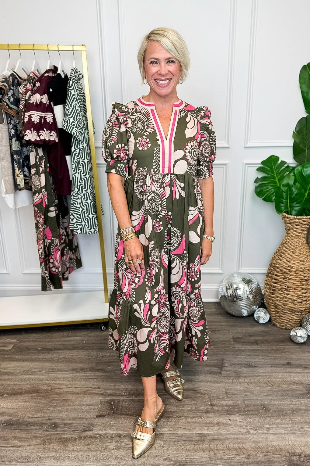 Sweet Thing Olive &amp; Pink Printed Midi Dress by Entro