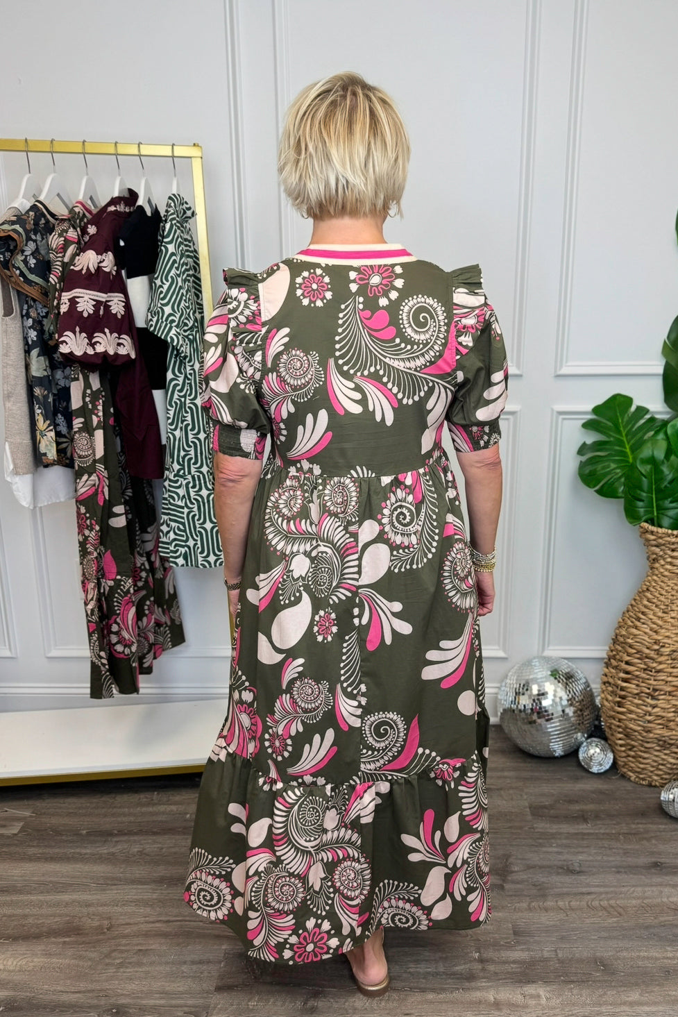Sweet Thing Olive &amp; Pink Printed Midi Dress by Entro