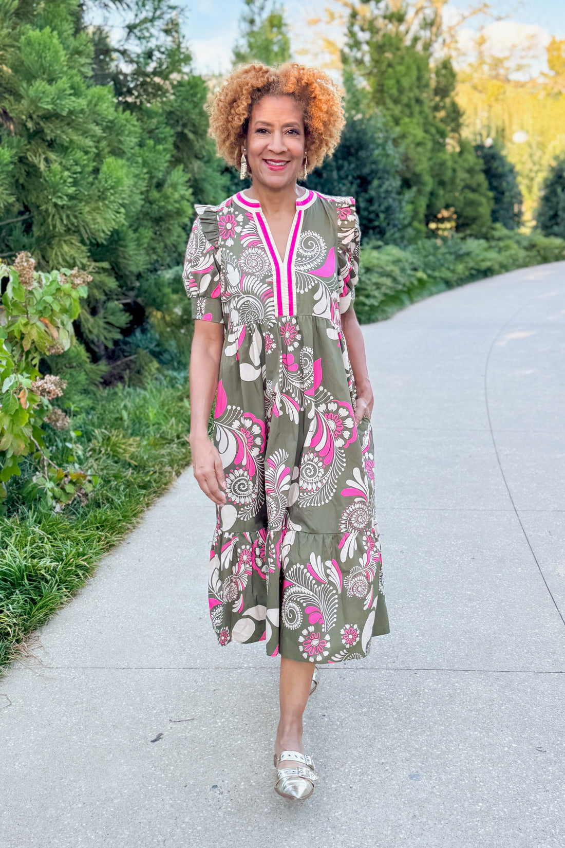 Sweet Thing Olive &amp; Pink Printed Midi Dress by Entro