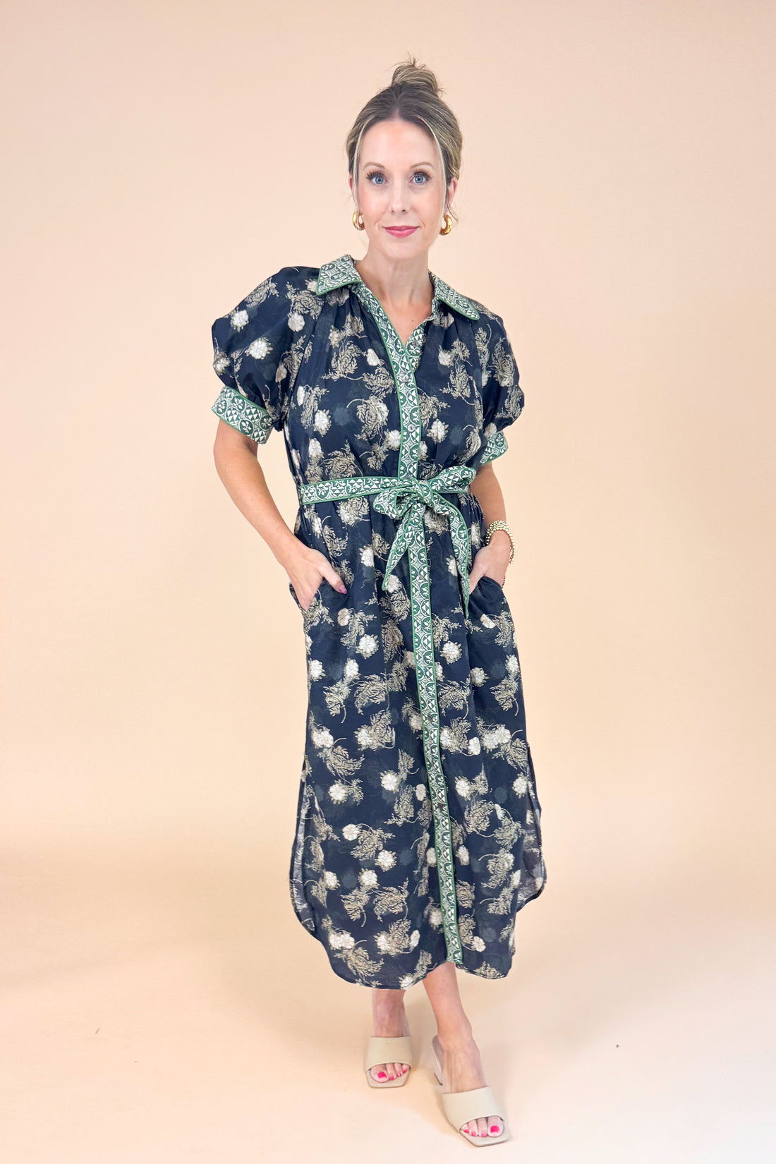 Don’t Be Shy Navy &amp; Olive Floral Printed Midi Dress