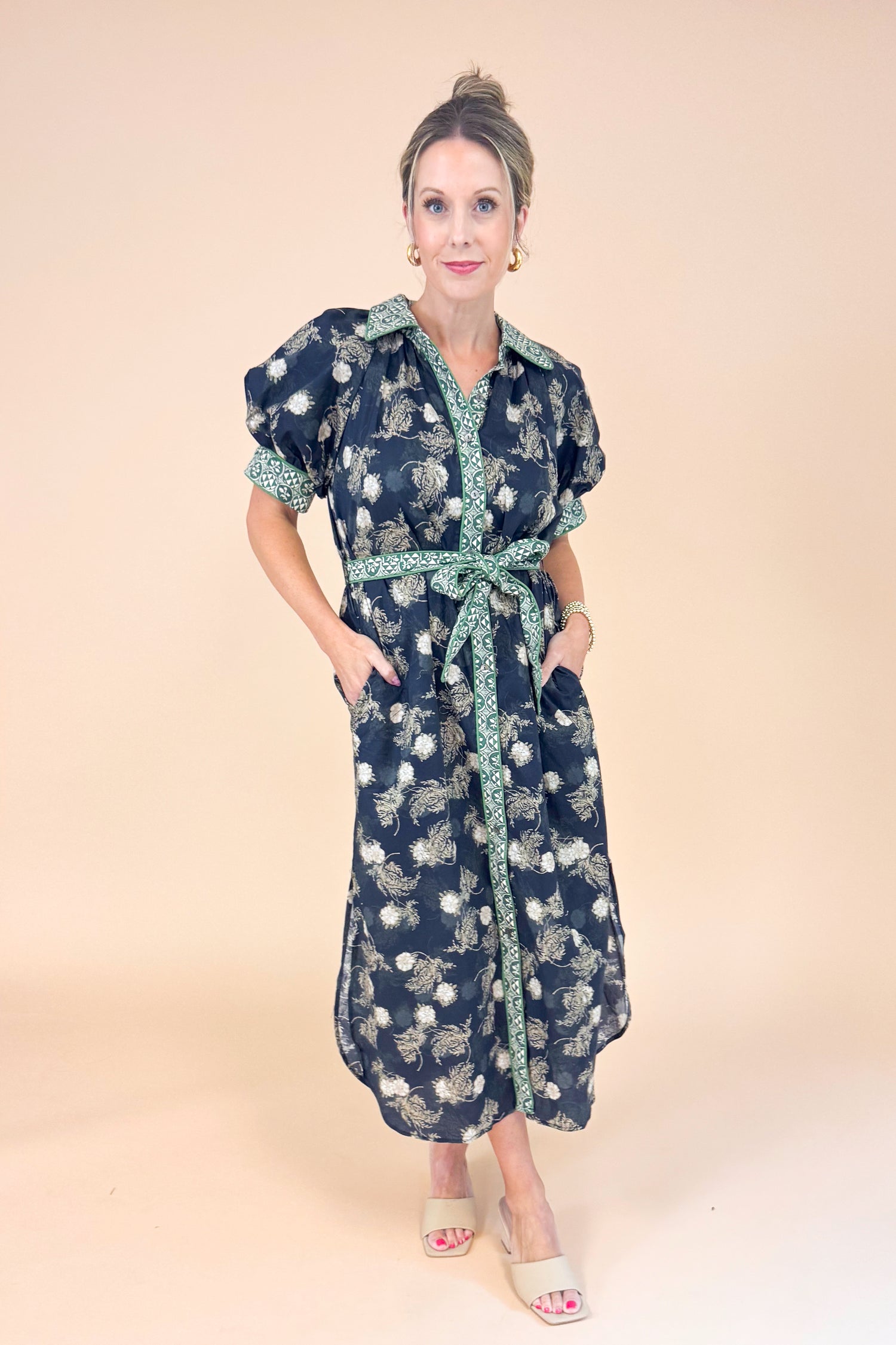 Don’t Be Shy Navy &amp; Olive Floral Printed Midi Dress