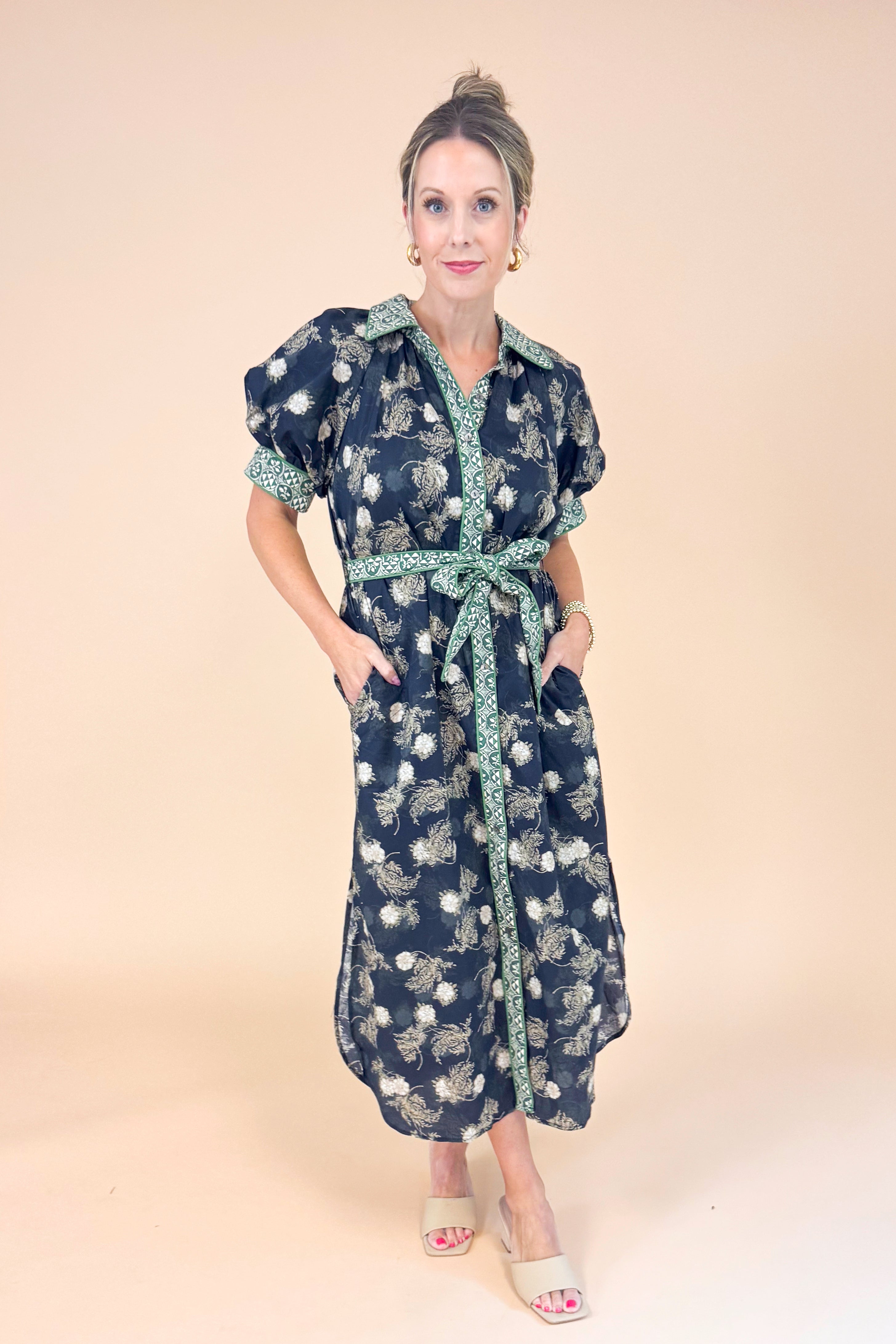Don’t Be Shy Navy &amp; Olive Floral Printed Midi Dress