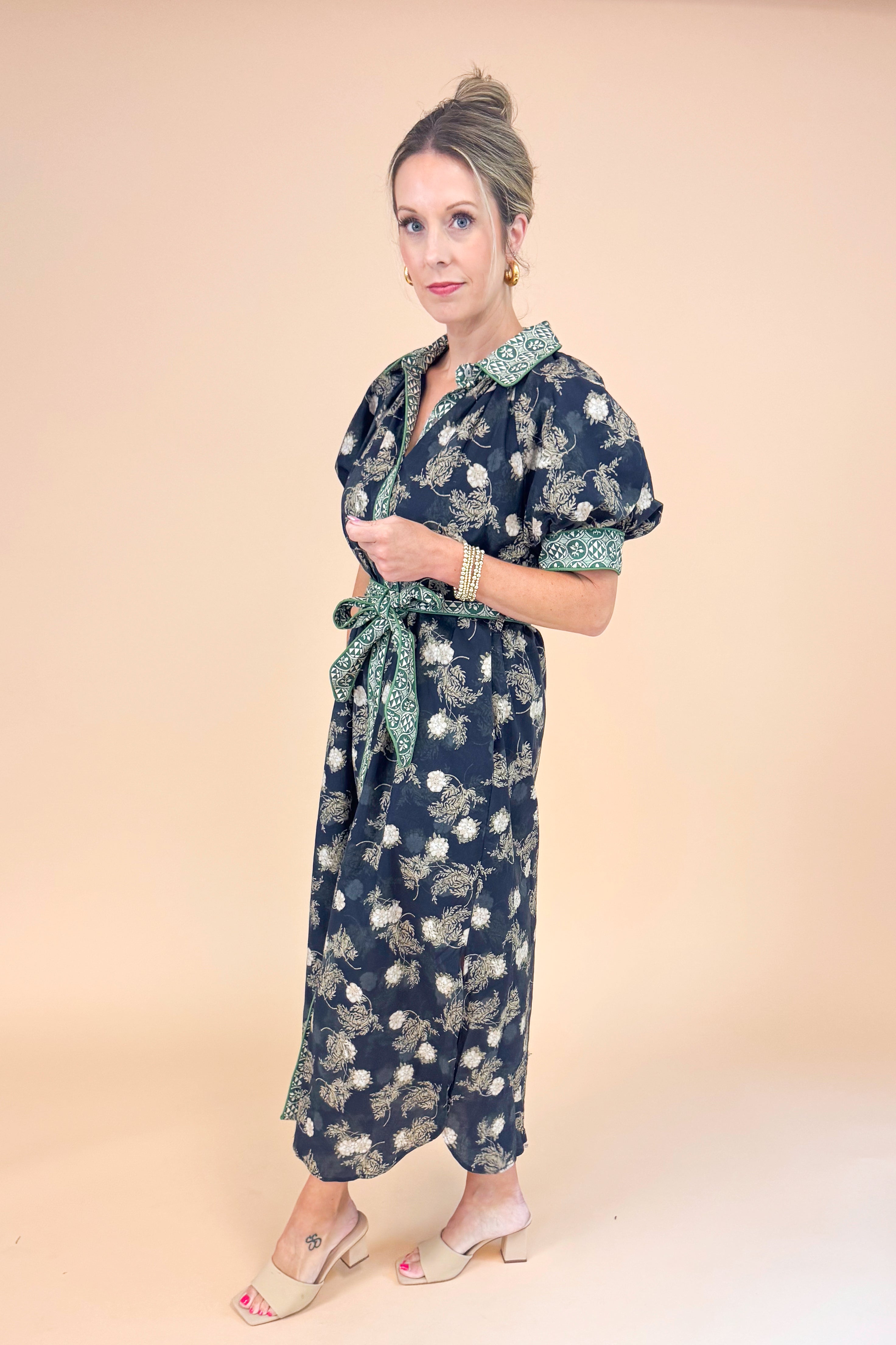 Don’t Be Shy Navy &amp; Olive Floral Printed Midi Dress