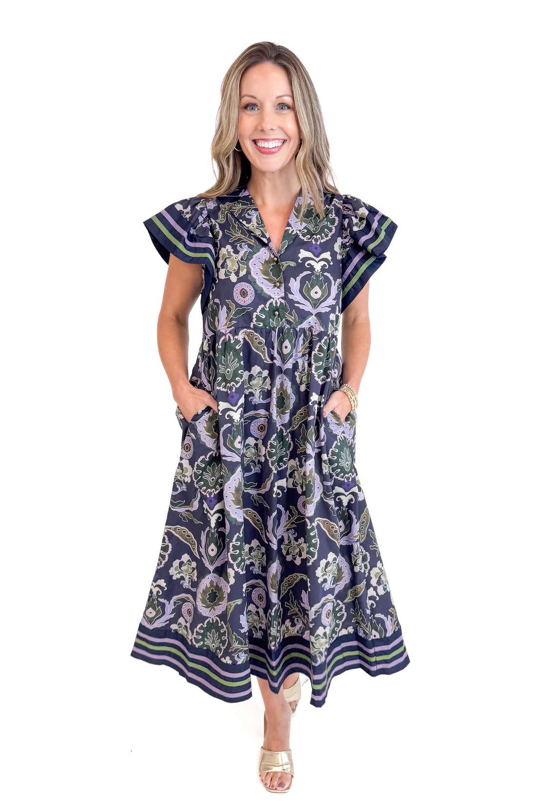 Falling Into Place Purple and Navy Printed Midi Dress by Entro