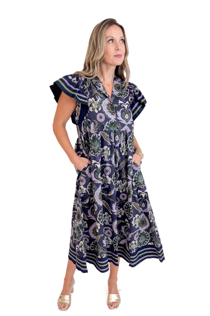 Falling Into Place Purple and Navy Printed Midi Dress by Entro