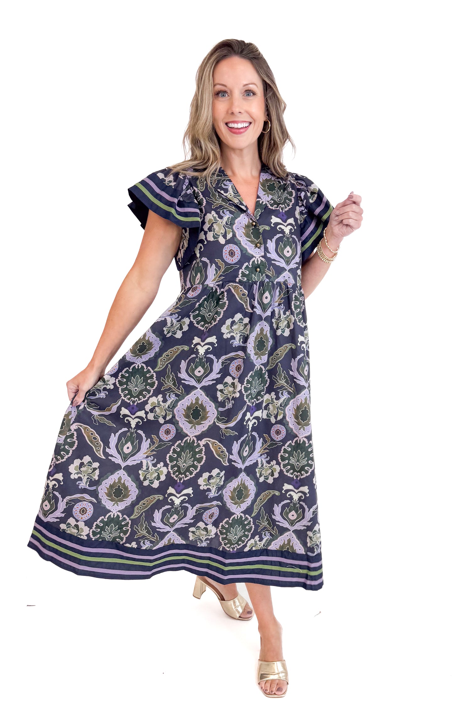 Falling Into Place Purple and Navy Printed Midi Dress by Entro