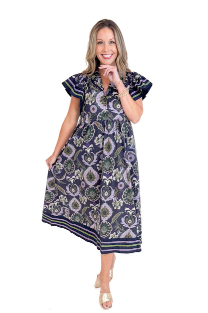 Falling Into Place Purple and Navy Printed Midi Dress by Entro