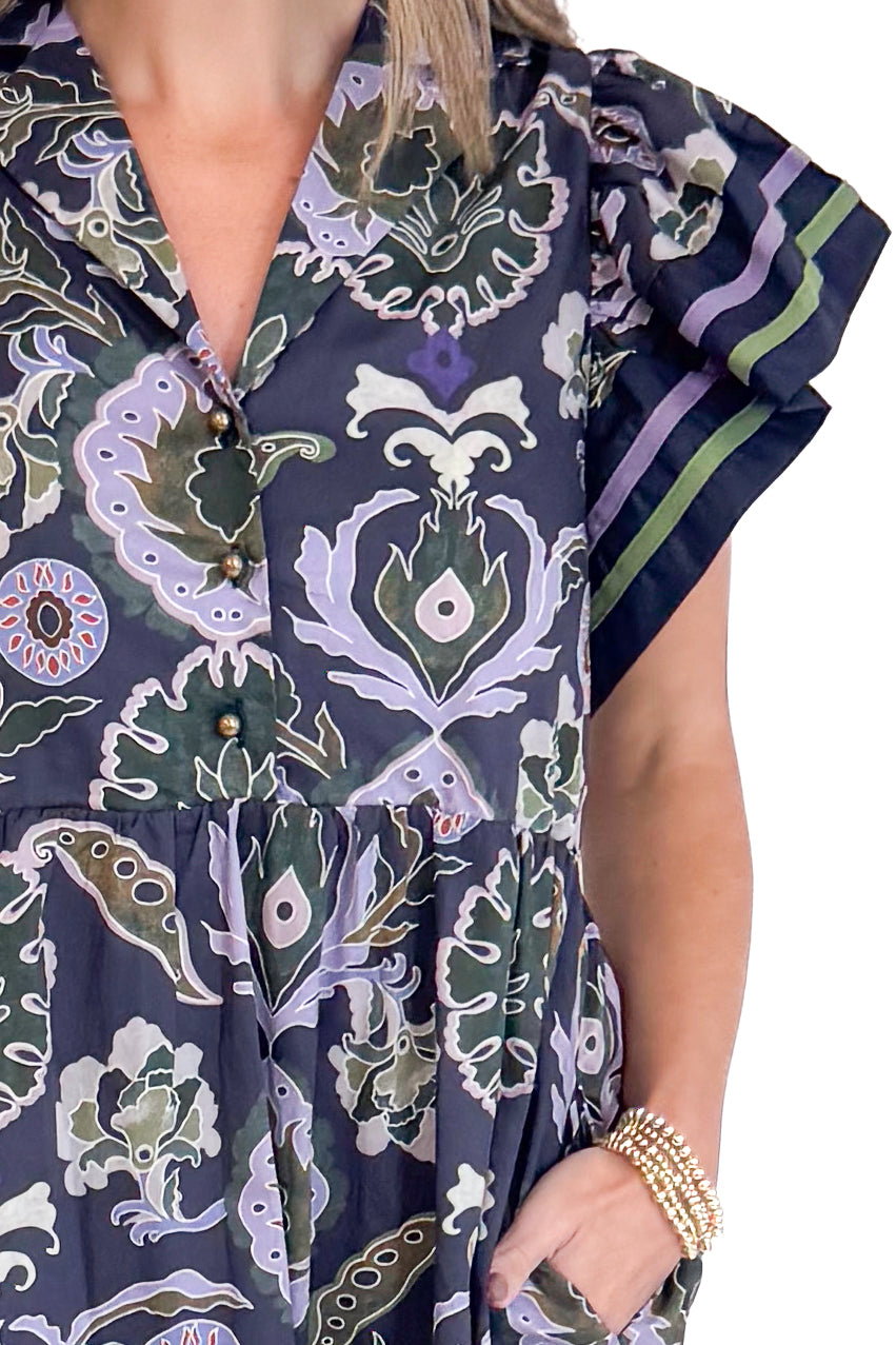 Falling Into Place Purple and Navy Printed Midi Dress by Entro