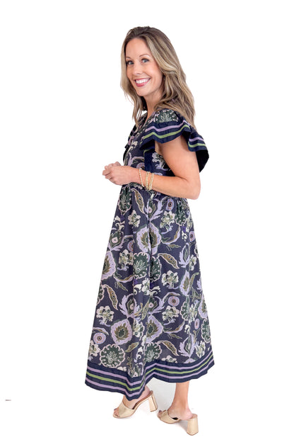 Falling Into Place Purple and Navy Printed Midi Dress by Entro