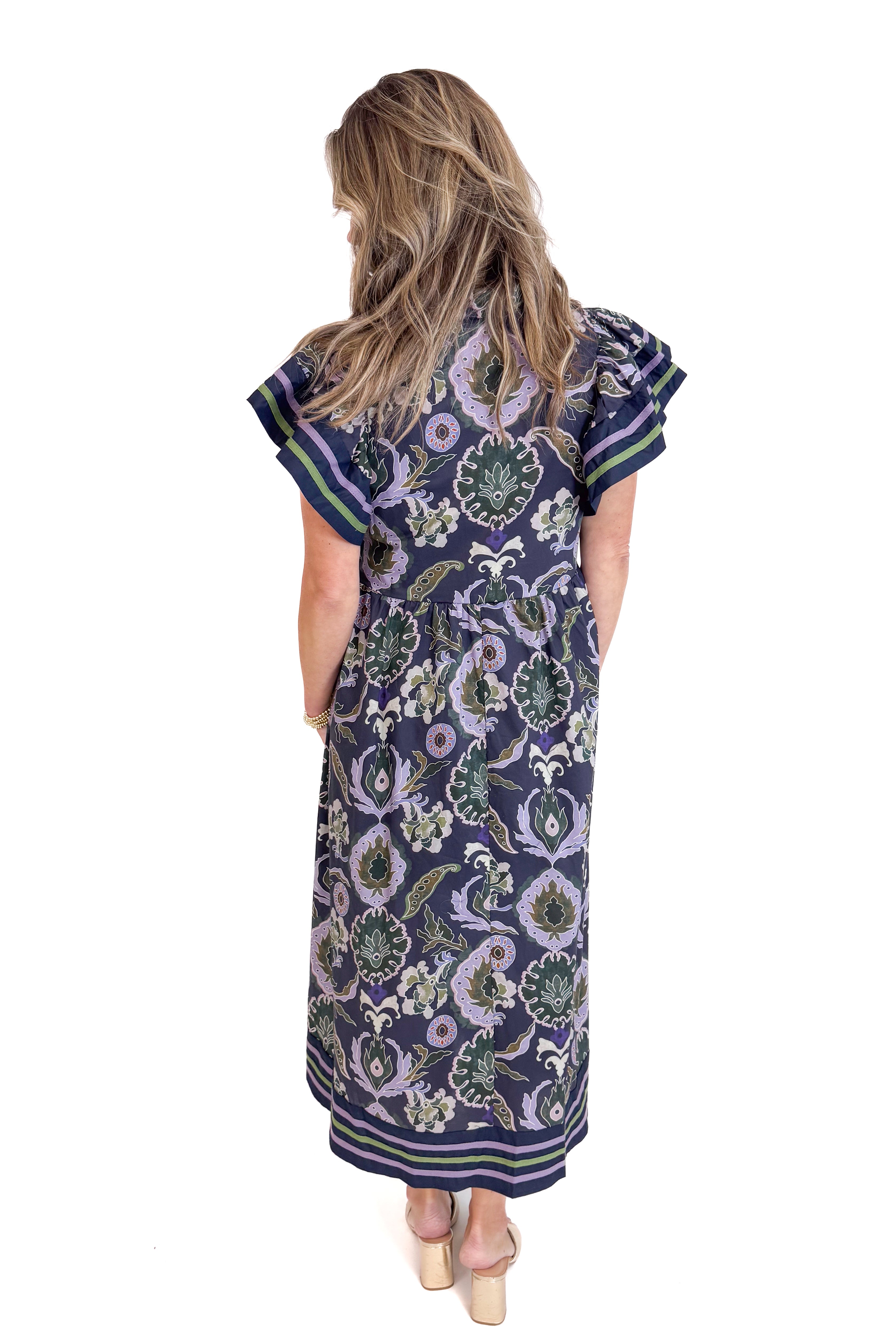 Falling Into Place Purple and Navy Printed Midi Dress by Entro